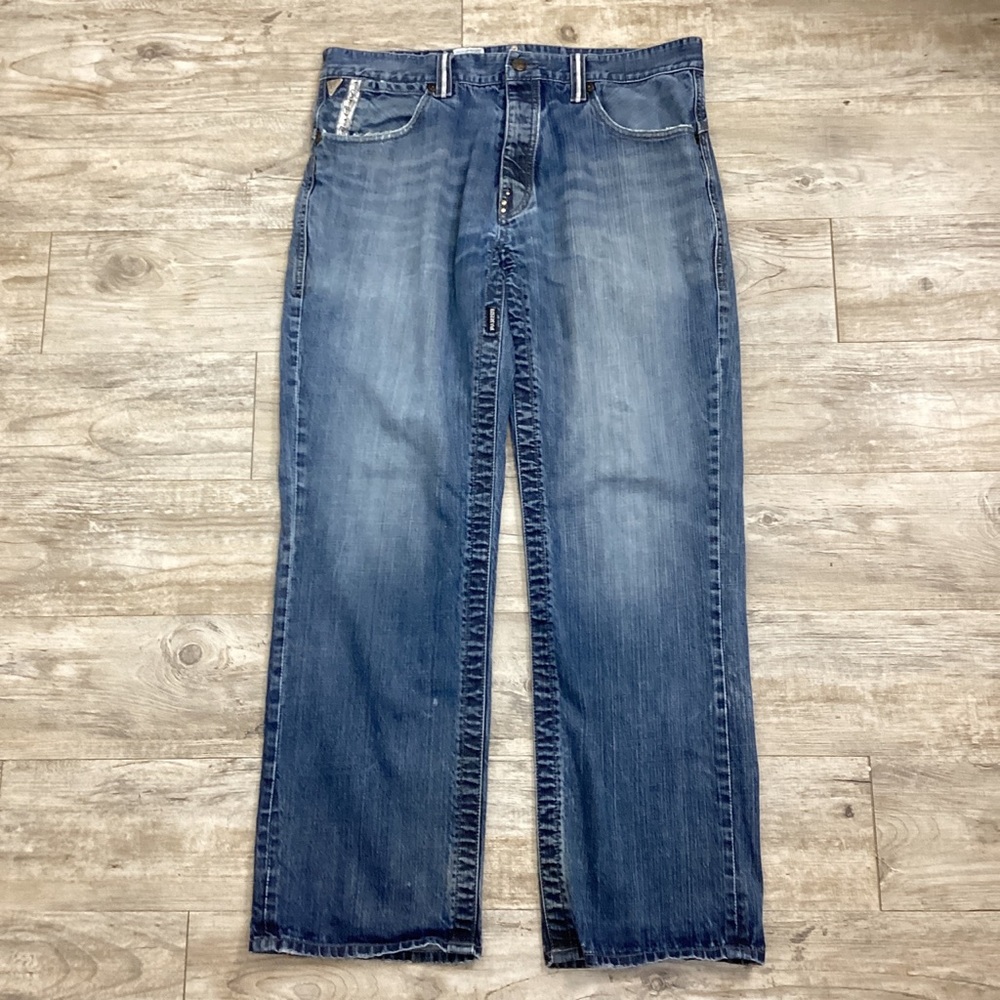 Parish Men’s Medium Wash Dark Blue Straight Leg Jeans Button Fly Relaxed Fit